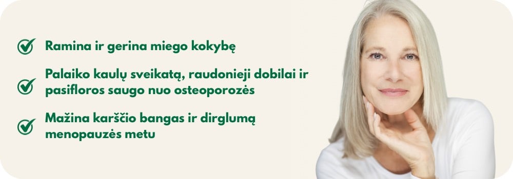 Raudonųjų dobilų ir pasiflorų kapsulės menopauzės simptomams