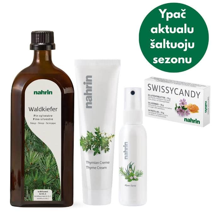 Rinkinys kvėpavimo takams, gerklei: pušų ūglių sirupas su medumi, čiobrelių kremas, Alpių aliejų purškiklis ir kietosios pastilės - Nahrin LT Rinkinys kvėpavimo takams, gerklei: pušų ūglių sirupas su medumi, čiobrelių kremas, Alpių aliejų purškiklis ir kietosios pastilės